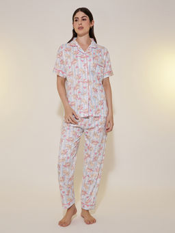 Styli - Women Cat Printed Short Sleeve Shirt With Shorts And Pyjama