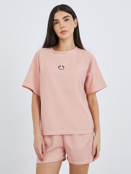 Styli - Women Pink Waffle Knit T-Shirt And Shorts