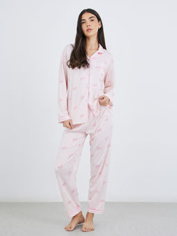 Styli - Women Bowknot Print Cotton Shirt And Pyjama