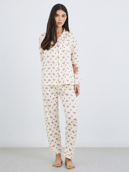 Styli - Women Bowknot Print Cotton Shirt And Pyjama