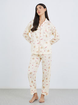 Styli - Women Bear Print Cotton Shirt And Pyjama