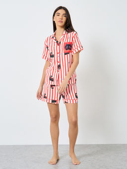 Styli - Women Cat Striped Print Cotton Shirt And Shorts