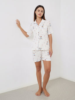 Styli - Women White Bear Print Shirt And Shorts