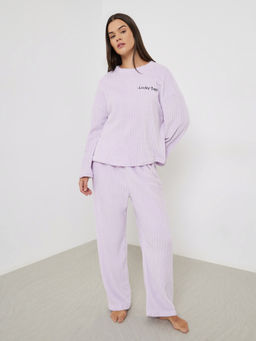 Styli - Women Lilac Self Design Striped Fleece Long Sleeve Top And Pyjama