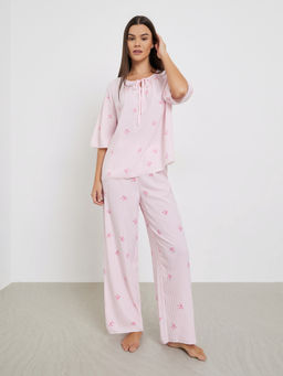 Styli - Women All-Over Stripe And Bow Print Tie-Up Neck Top And Pyjama