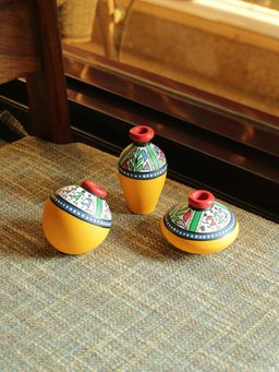 ExclusiveLane - Terracotta Warli Handpainted Miniature Yellow Pots (Set Of 3)