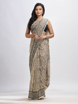 Angoshobha - Muga Cotton Dolls Printed Beige Saree with Unstitched Blouse