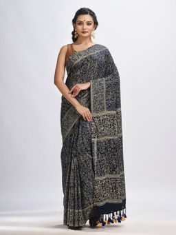 Angoshobha - Navy Blue Cotton Dolls Printed Saree with Unstitched Blouse