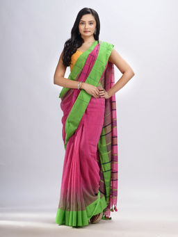 Angoshobha - Pink Cotton Solid Border Multi Coloured Pallu Hand Woven Saree with Unstitched Blouse