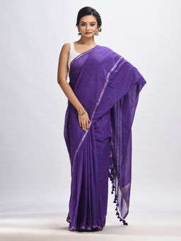 Angoshobha - Purple Cotton with Zari Border & Zari Stripes Pallu Handloom Saree with Unstitched Blouse