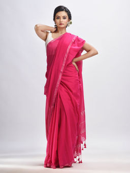 Angoshobha - Hot Pink Cotton with Zari Border & Stripes Pallu Handloom Saree with Unstitched Blouse