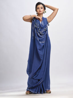 Angoshobha - Navy Blue Cotton with Zari Border & Stripes Pallu Handloom Saree with Unstitched Blouse