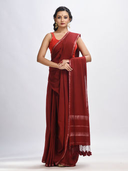 Angoshobha - Maroon Cotton with Zari Border & Zari Stripes Pallu Handloom Saree with Unstitched Blouse