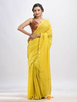 Angoshobha - Yellow Cotton with Zari Border & Zari Stripes Pallu Handloom Saree with Unstitched Blouse
