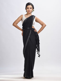 Angoshobha - Black Cotton with Zari Border & Zari Stripes Pallu Handloom Saree with Unstitched Blouse