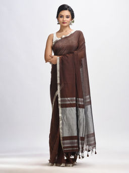 Angoshobha - Dark Coffee Brown Cotton with Zari Pallu & Border Handloom Saree with Unstitched Blouse