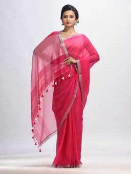 Angoshobha - Deep Pink Cotton with Zari Pallu & Zari Border Handloom Saree with Unstitched Blouse
