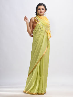 Angoshobha - Lemon Green Chiffon with Zari Pallu & Zari Border Handloom Saree with Unstitched Blouse