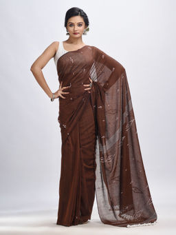 Angoshobha - Dark Coffee Brown Body Buti Handloom Mul Mul Cotton Jamdani Saree with Unstitched Blouse