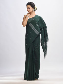 Angoshobha - Bottle Green Body Buti Handloom Mul Mul Cotton Jamdani Saree with Unstitched Blouse