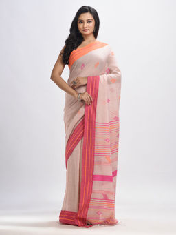 Angoshobha - Chic Peach Cotton with Pink Border Hand Woven Jamdani Saree with Unstitched Blouse