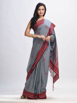 Angoshobha - Grey Cotton with Maroon Border Hand Woven Jamdani Saree with Unstitched Blouse