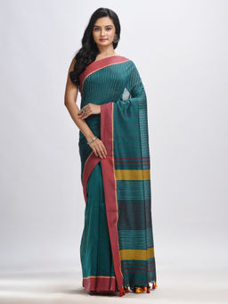 Angoshobha - Rama Green Cotton with Red Border Hand Woven Stripes Jamdani Saree with Unstitched Blouse