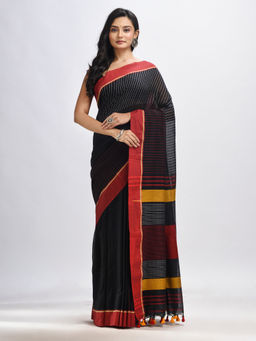 Angoshobha - Black Cotton with Red Border Hand Woven Stripes Jamdani Saree with Unstitched Blouse