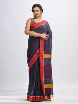 Angoshobha - Navy Blue Cotton with Red Border Hand Woven Stripes Jamdani Saree with Unstitched Blouse