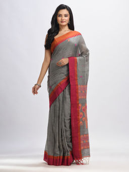 Angoshobha - Grey Cotton Jacquard Jamdani Floral Woven Saree with Unstitched Blouse