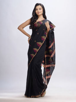 Angoshobha - Black Cotton Temple Border Hand Woven Stripes Jamdani Saree with Unstitched Blouse