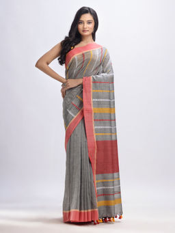Angoshobha - Medium Grey Cotton Hand Woven Jamdani Saree with Unstitched Blouse