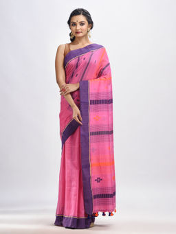 Angoshobha - Hot Pink Cotton Hand Woven Jamdani Saree with Unstitched Blouse