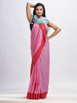 Angoshobha - Pink Cotton with Solid Body In Sky Blue Pallu Handloom Saree with Unstitched Blouse