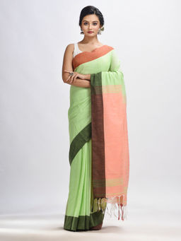 Angoshobha - Light Green with Solid Body In Tawny Peach Pallu Handloom Saree with Unstitched Blouse
