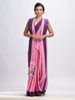 Angoshobha - Pink Cotton Solid Body Handloom Stripes Saree with Unstitched Blouse