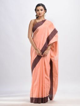 Angoshobha - Peach Cotton Solid Body Handloom Stripes Saree with Unstitched Blouse
