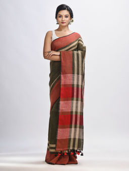 Angoshobha - Army Green with Multi Colour Pallu Hand Woven Linen Saree with Unstitched Blouse