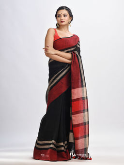 Angoshobha - Black with Multi Colour Pallu Hand Woven Linen Saree with Unstitched Blouse