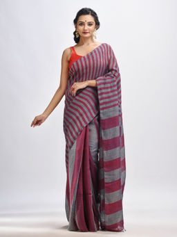 Angoshobha - Maroon & Steel Stripes Hand Woven Linen Handloom Saree with Unstitched Blouse