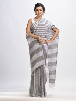 Angoshobha - Ash & Light Grey Stripes Hand Woven Linen Handloom Saree with Unstitched Blouse