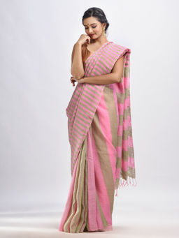 Angoshobha - Hillside Green & Pink Stripes Hand Woven Linen Handloom Saree with Unstitched Blouse