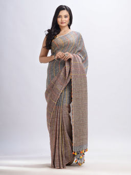 Angoshobha - Grey Kantha Stitch Hand Woven Stripes Linen Saree with Unstitched Blouse