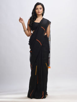 Angoshobha - Black Kantha Stitch Hand Woven Linen Saree with Unstitched Blouse