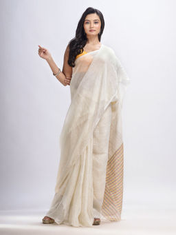 Angoshobha - White Linen with Pallu Stripes Handloom Saree with Unstitched Blouse