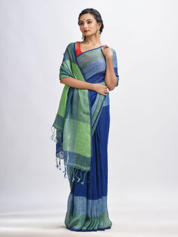 Angoshobha - Navy Blue Linen with Pallu Stripes Handloom Saree with Unstitched Blouse