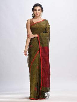 Angoshobha - Olive Green Linen All Body Buti Jamdani Colorblock Saree with Unstitched Blouse
