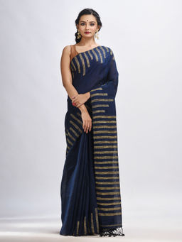Angoshobha - Navy Blue Linen Harmonium Stripes Design Handloom Saree with Unstitched Blouse