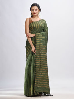 Angoshobha - Gorillaz Green Linen Harmonium Stripes Design Handloom Saree with Unstitched Blouse