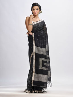 Angoshobha - Black Traditional Linen Checks Jamdani Saree with Unstitched Blouse